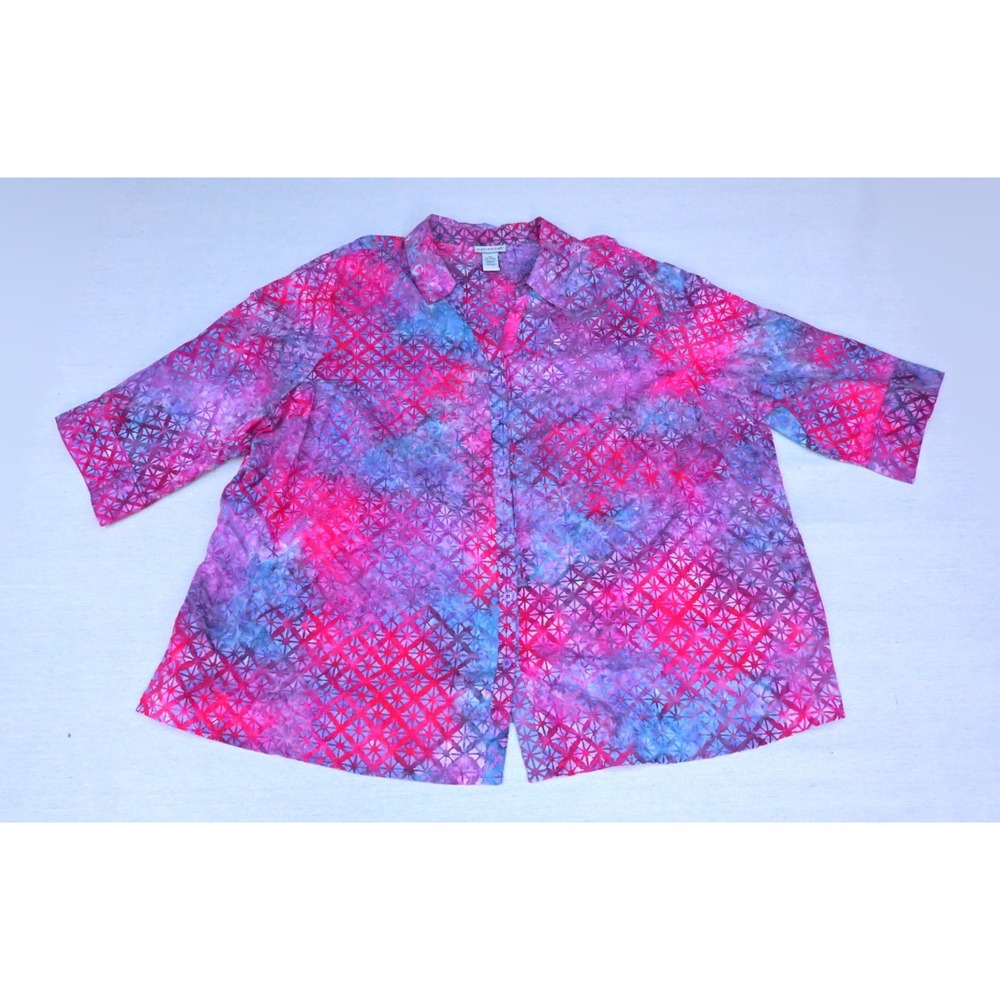 Catherines Womens 3X 26/28W 100% Cotton Batik Button Up Camp Shirt Pink Purple